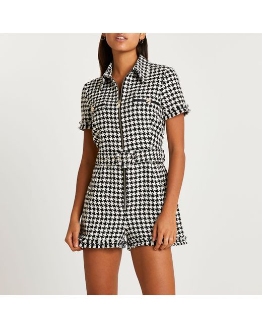 River Island Black Dogtooth Check Boucle Belted Playsuit | Lyst Canada