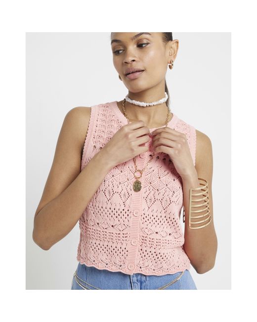 River Island Pink Crochet Waistcoat