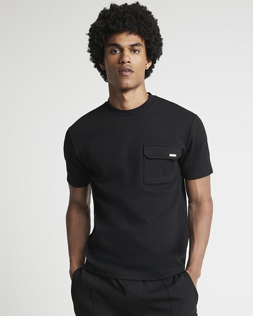 River Island Black Slim Fit Textured Pocket T-shirt for men