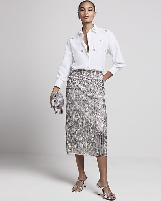 River Island Gray Silver Sequin Pencil Midi Skirt