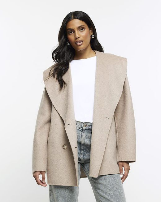 River Island Brown Wool Blend Double Breasted Coat in Natural | Lyst