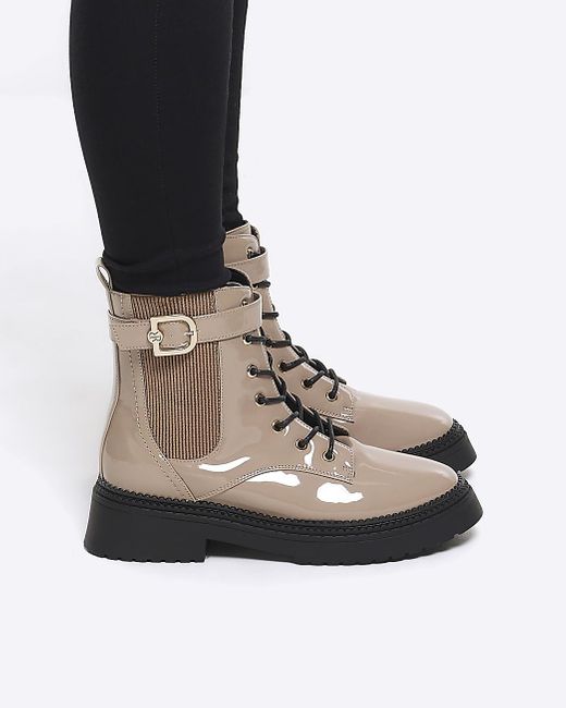 River Island Beige Patent Buckle Lace Up Boots in White | Lyst