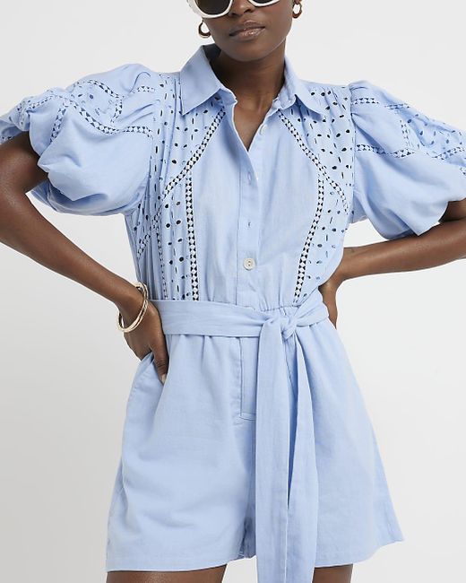 River Island Blue Broderie Belted Playsuit