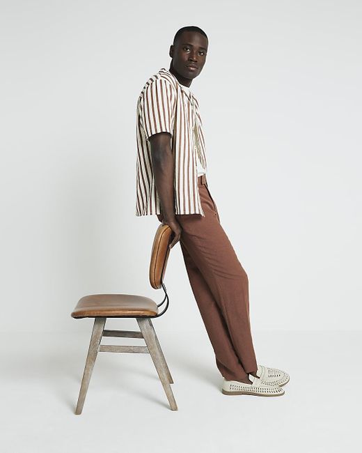 River Island White Brown Regular Fit Seersucker Stripe Shirt for men