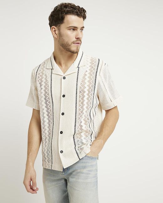 River Island White Regular Fit Crochet Stripe Revere Shirt for men
