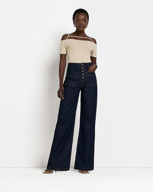 River Island Navy Denim Button Up Wide Leg Jeans in Blue | Lyst Canada