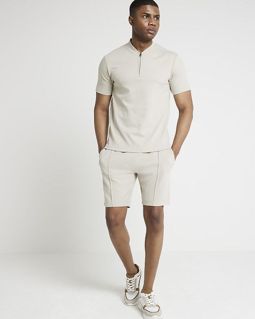 River Island White Beige Slim Fit Textured Shorts for men