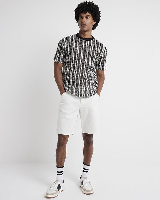 River Island White Crochet Stripe T-shirt for men