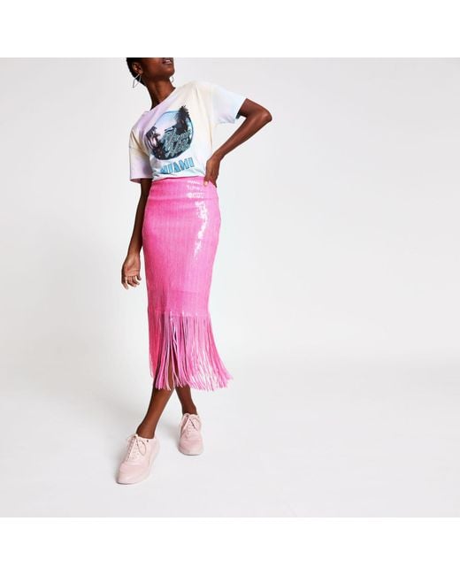River Island Pink Sequin Tassel Pencil Skirt