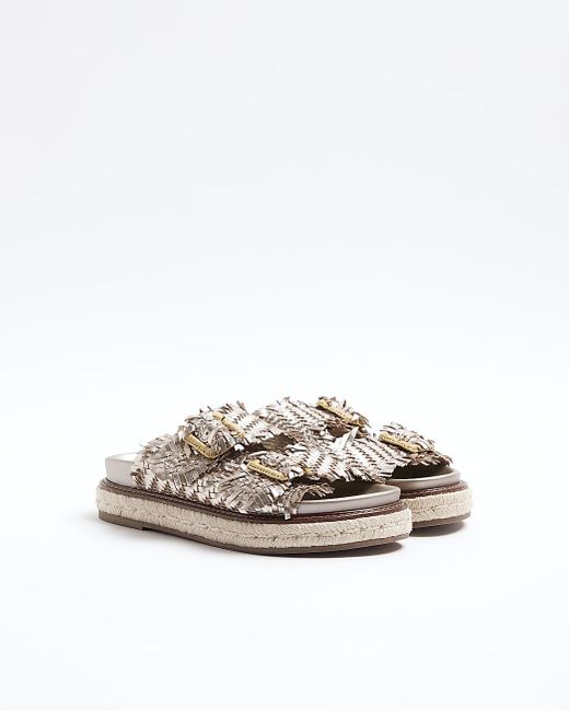 River Island Green Rose Gold Leather Woven Buckle Sandals