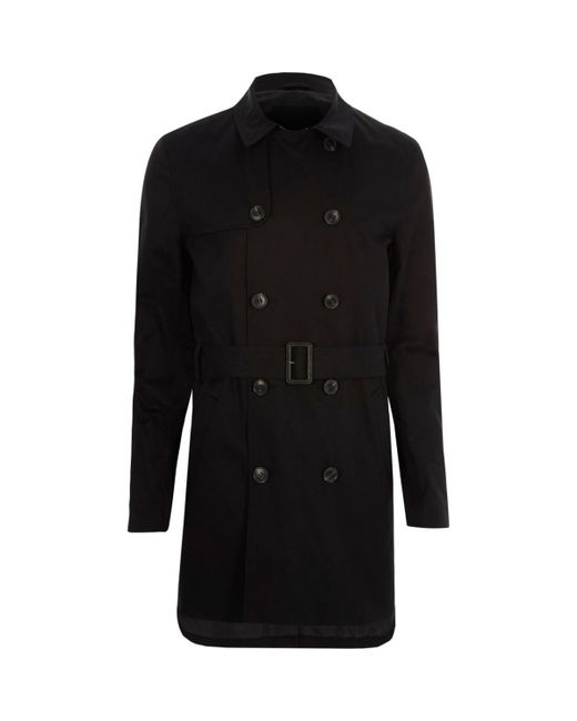 River Island Black Double Breasted Belted Trench Coat for men