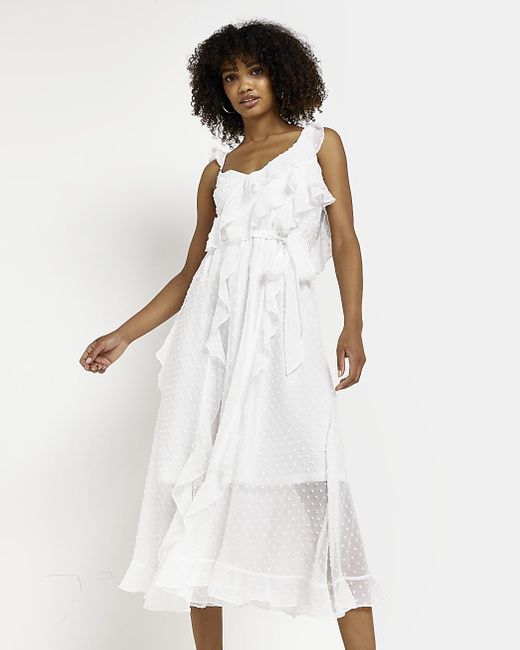 River Island White Frill Midi Dress Lyst Uk