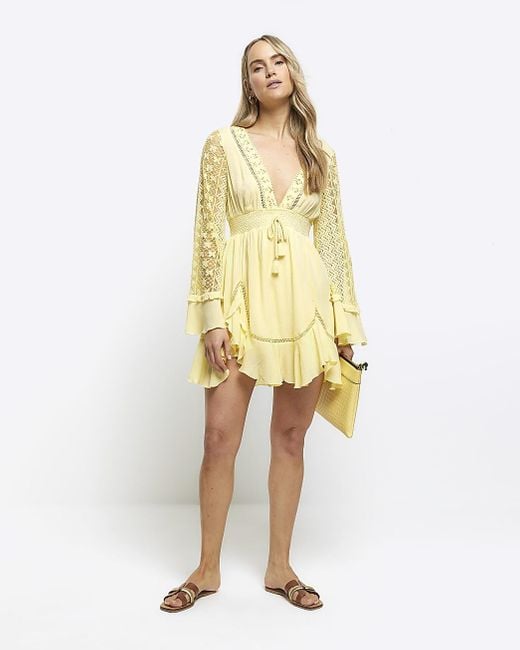 River Island Metallic Yellow Lace Sleeve Beach Mini Dress