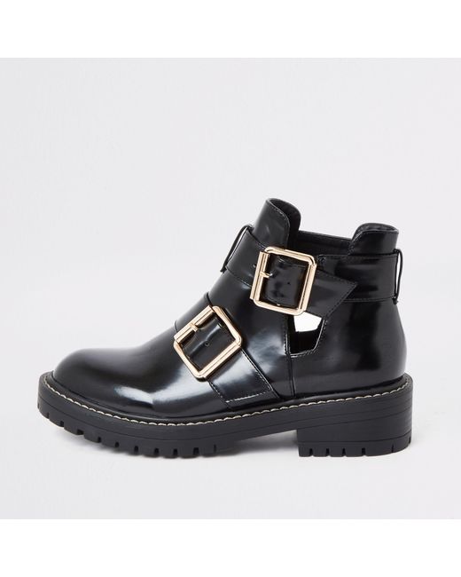 River Island Black Patent Cut Out Side Chunky Boots Lyst Canada