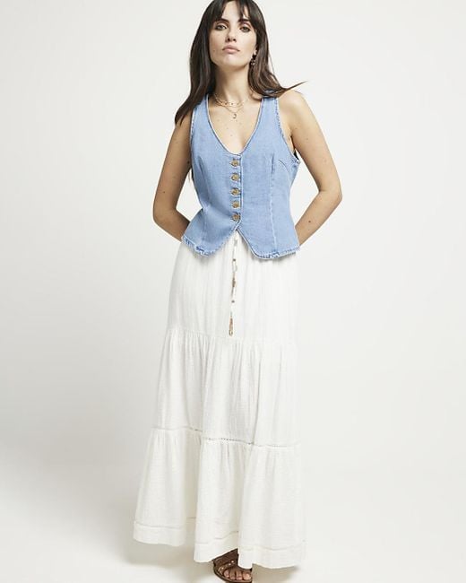 River Island Blue White Tiered Maxi Skirt