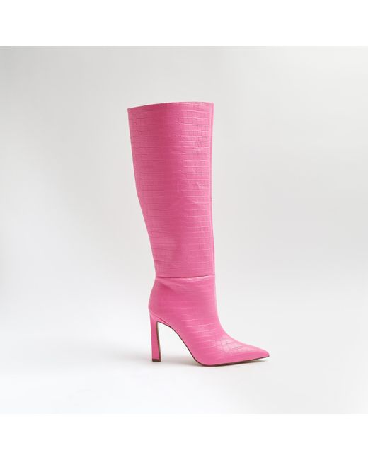 River Island Pink Croc Embossed Knee High Boots