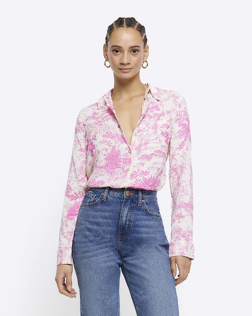 River Island White Pink Floral Long Sleeve Shirt