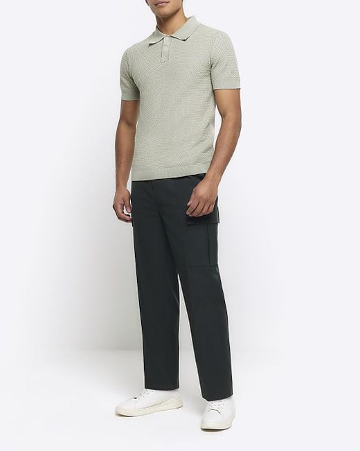 River Island Gray Green Slim Fit Textured Knit Polo for men