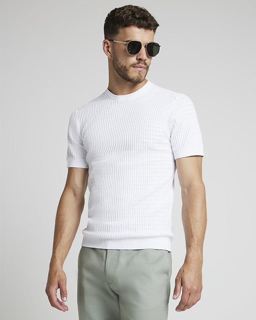 River Island White Muscle Fit Brick Knit T-shirt for men