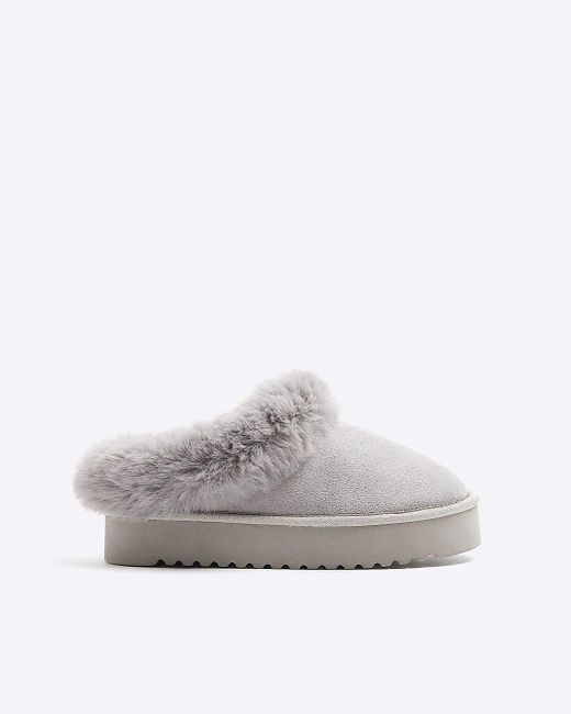 River Island Grey Faux Fur Platform Slippers in White | Lyst