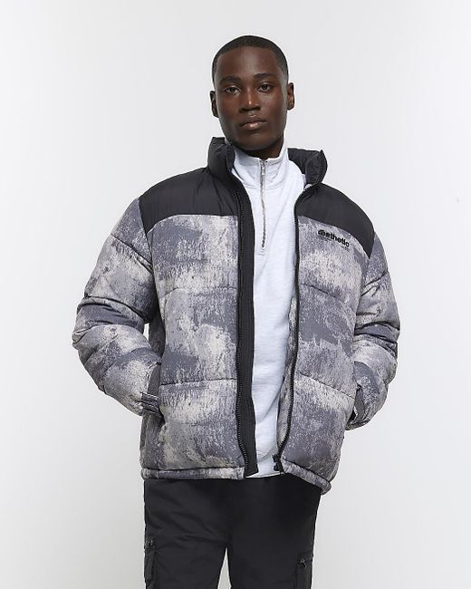 River Island Gray Grey Regular Fit Print Puffer Jacket for men