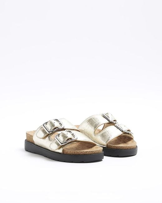 River Island White Gold Double Buckle Sandals