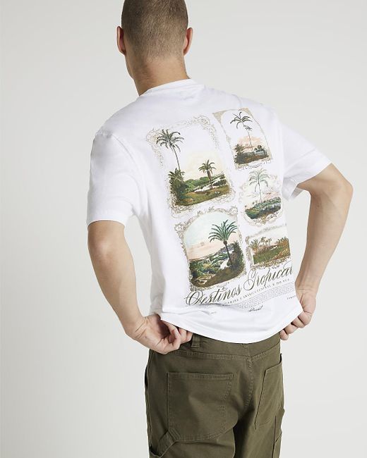 River Island White Regular Fit Palm Tree Graphic T-shirt for men