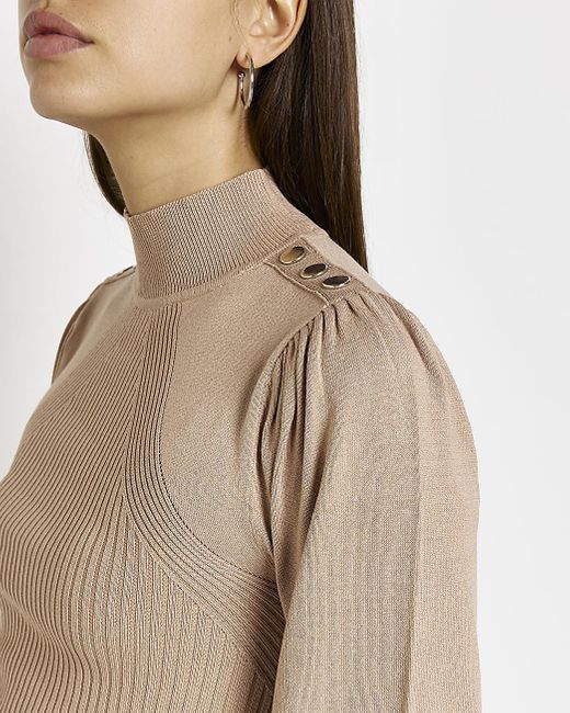 Brown Knitted Puff Sleeve Jumper | Lyst