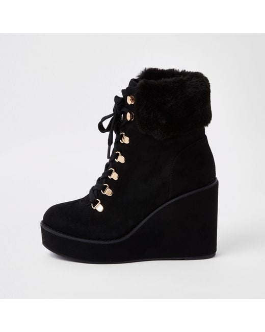 River Island Black Lace-up Wedge Heel Boots