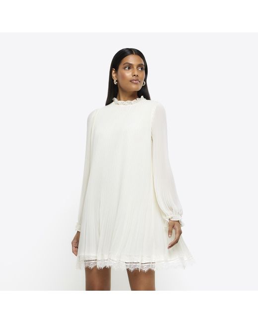River Island White Pleated Lace Trim Shift Mini Dress