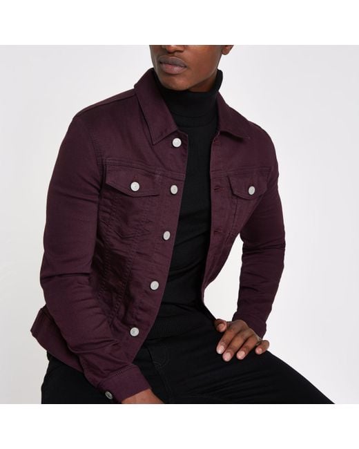 River Island Red Burgundy Muscle Fit Denim Jacket for men