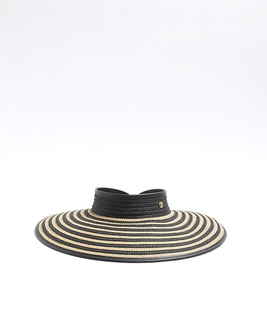 River Island White Black Stripe Visor Straw Hat