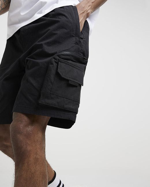 River Island Black Regular Fit Ripstop Cargo Shorts for men