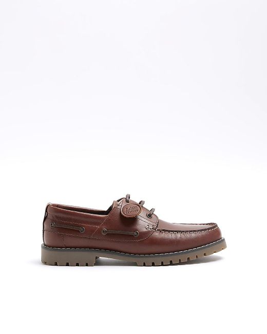 River Island Gray Brown Leather Boat Shoes for men