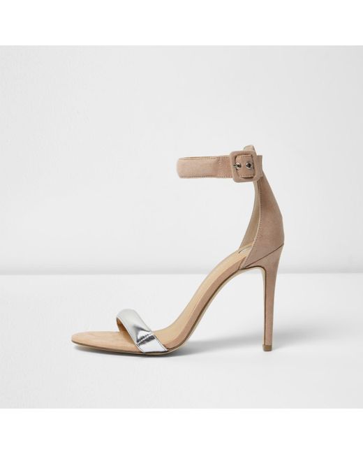 River Island Natural Nude Silver Strap Barely There Heeled Sandals