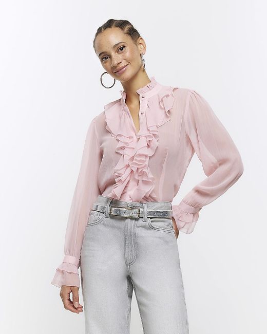 River Island Pink Frill Fluted Cuff Blouse