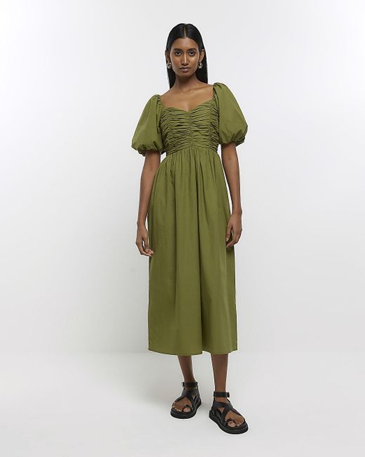 River Island Ruched Puff Sleeve Smock Midi Dress in Green | Lyst