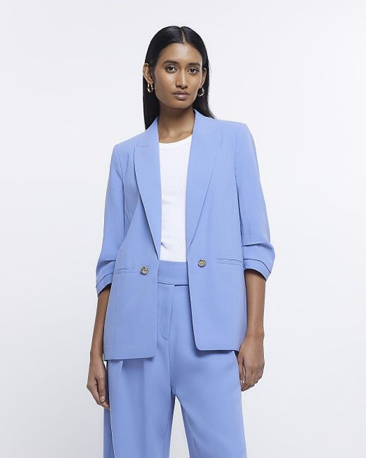 River Island Blue Ruched Sleeve Blazer Lyst