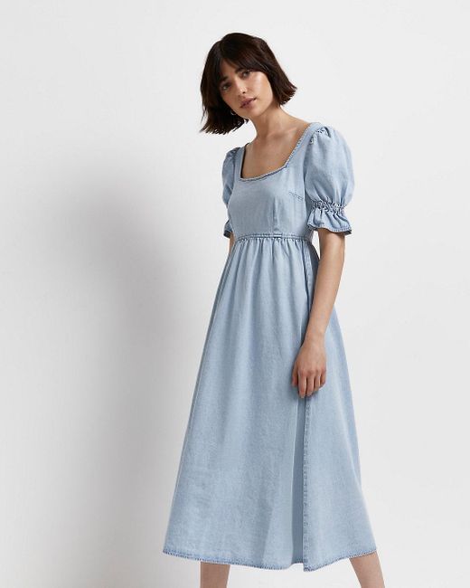 River Island Denim Smock Midi Dress in 