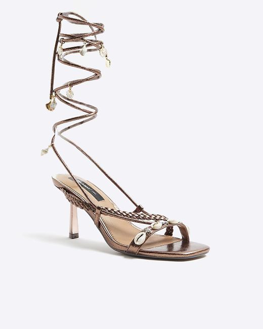 River Island White Brown Shell Detail Lace Up Heeled Sandals