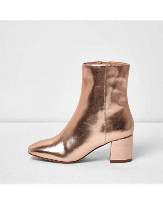 River Island Brown Rose Gold Block Heel Ankle Boot