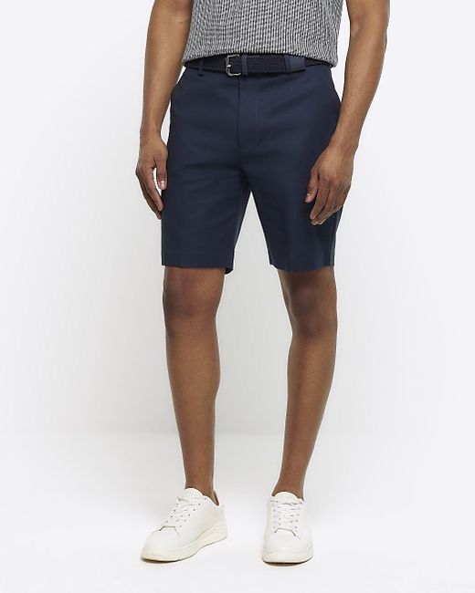 River Island Blue Navy Slim Fit Belted Chino Shorts for men