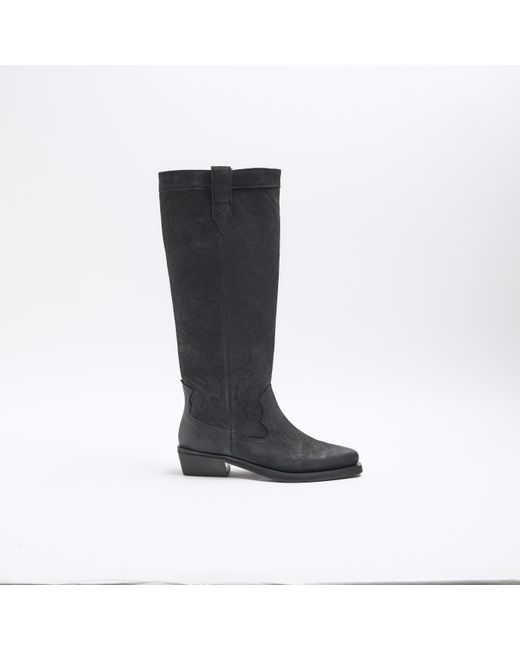 River Island Black Leather High Leg Western Boots