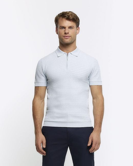 River Island White Blue Muscle Fit Knitted Half Zip Polo for men