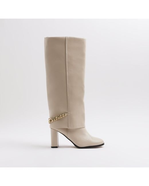 River Island White Cream Heeled Knee High Fold Over Boots