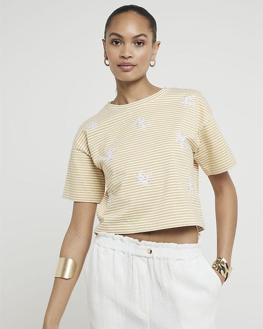River Island White Yellow Stripe Embroidered Cropped T-shirt
