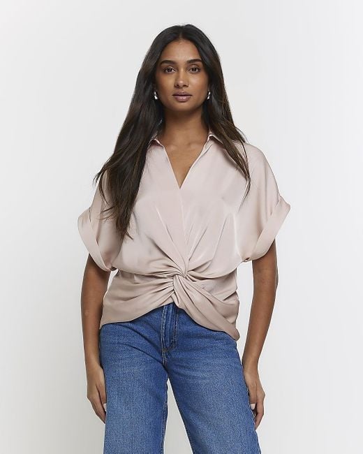 River Island Blue Pink Wrap Front Blouse