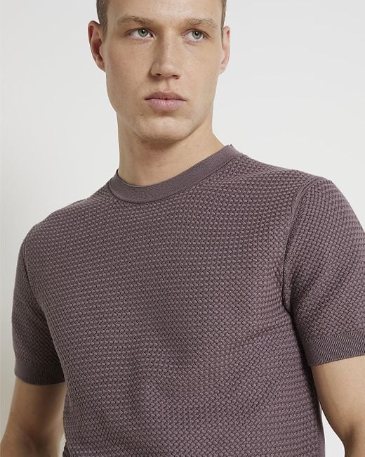 River Island Natural Red Slim Fit Textured Knitted T-shirt for men