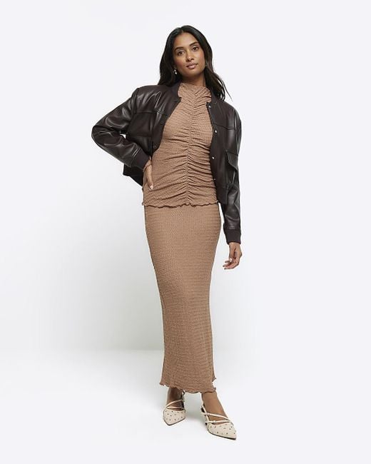 River Island Brown Textured Ruched Long Sleeves Top