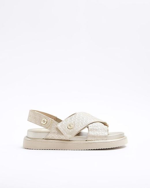 River Island White Gold Embossed Cross Strap Sandals